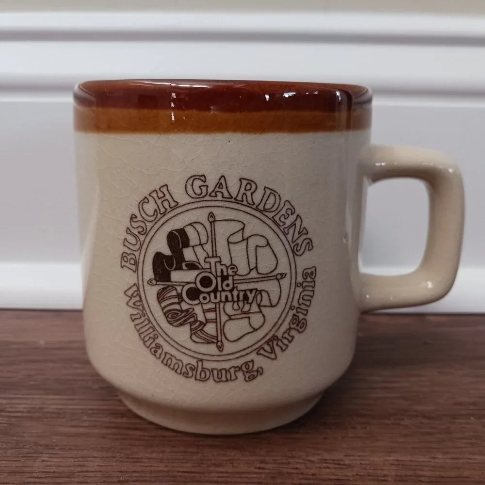 Vintage Busch Gardens The Old Country Williamsburg Virginia Coffee Mug Tan Brown